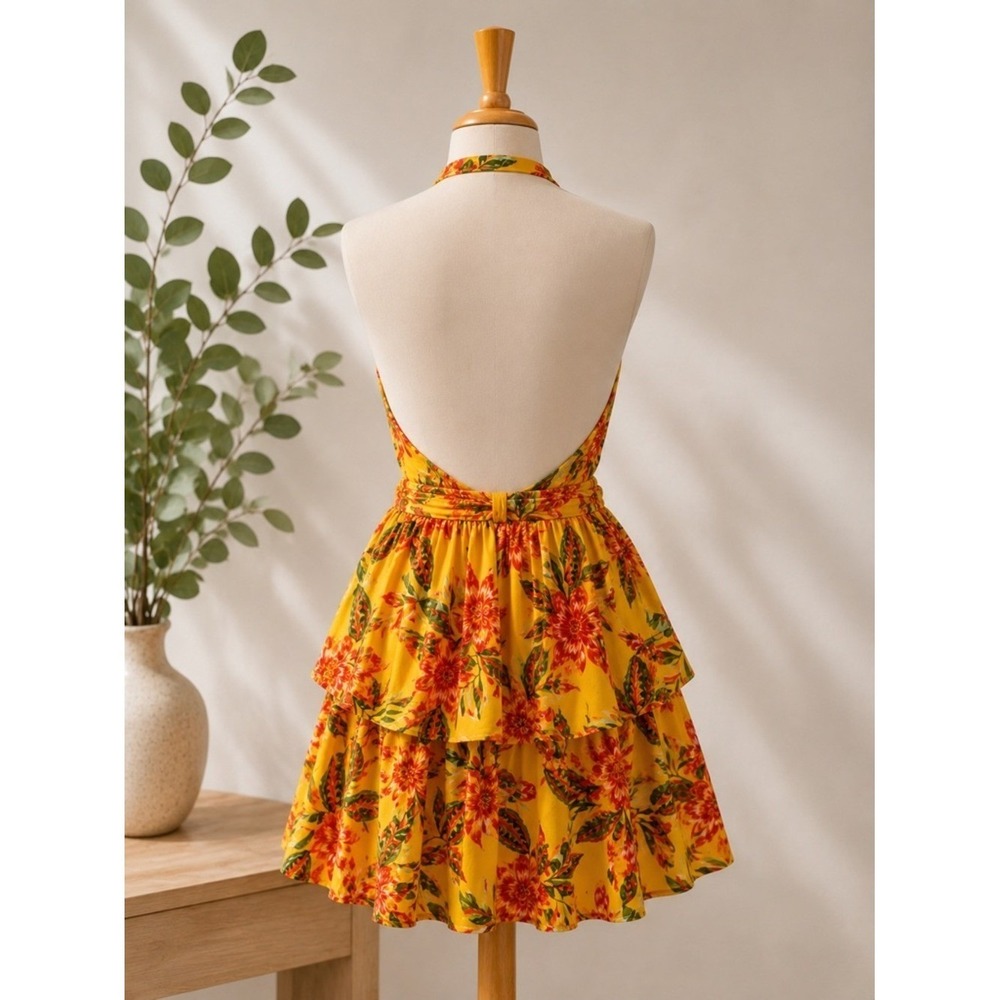BCX Womens Yellow Tropical Floral Halter Mini Dress Tiered Ruffle Smocked XS NEW - Picture 2 of 9